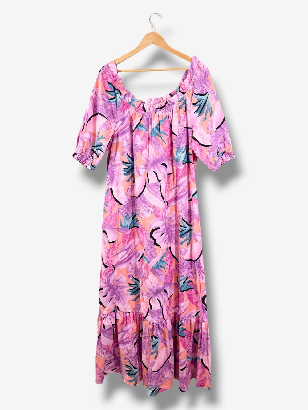 Vintage Hilo Hattie Hawaiian Pink Purple Floral Cotton Maxi Muumuu Dress L